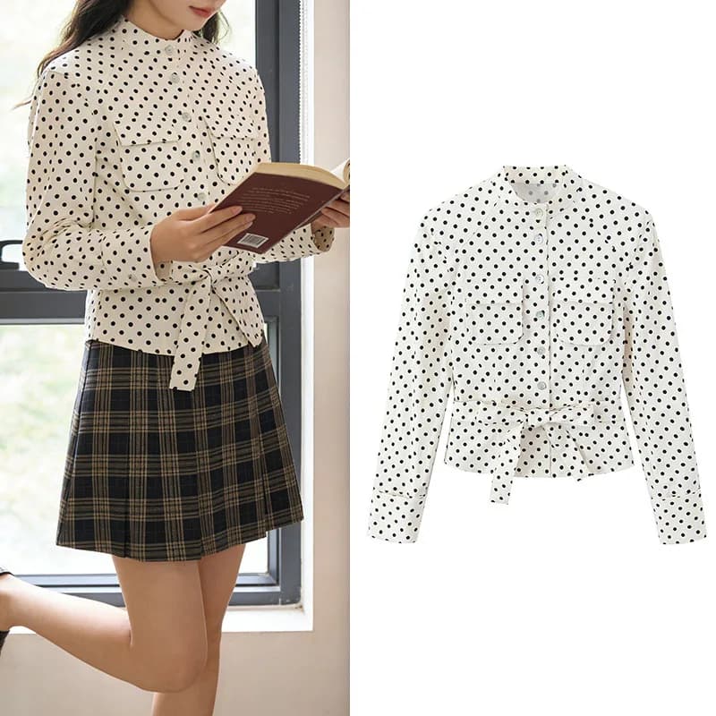 Giacca Utility a Pois da Donna con Colletto Alto, Maniche Lunghe, Cintura in Vita e Dettagli Tasche, Top Casual Vintage