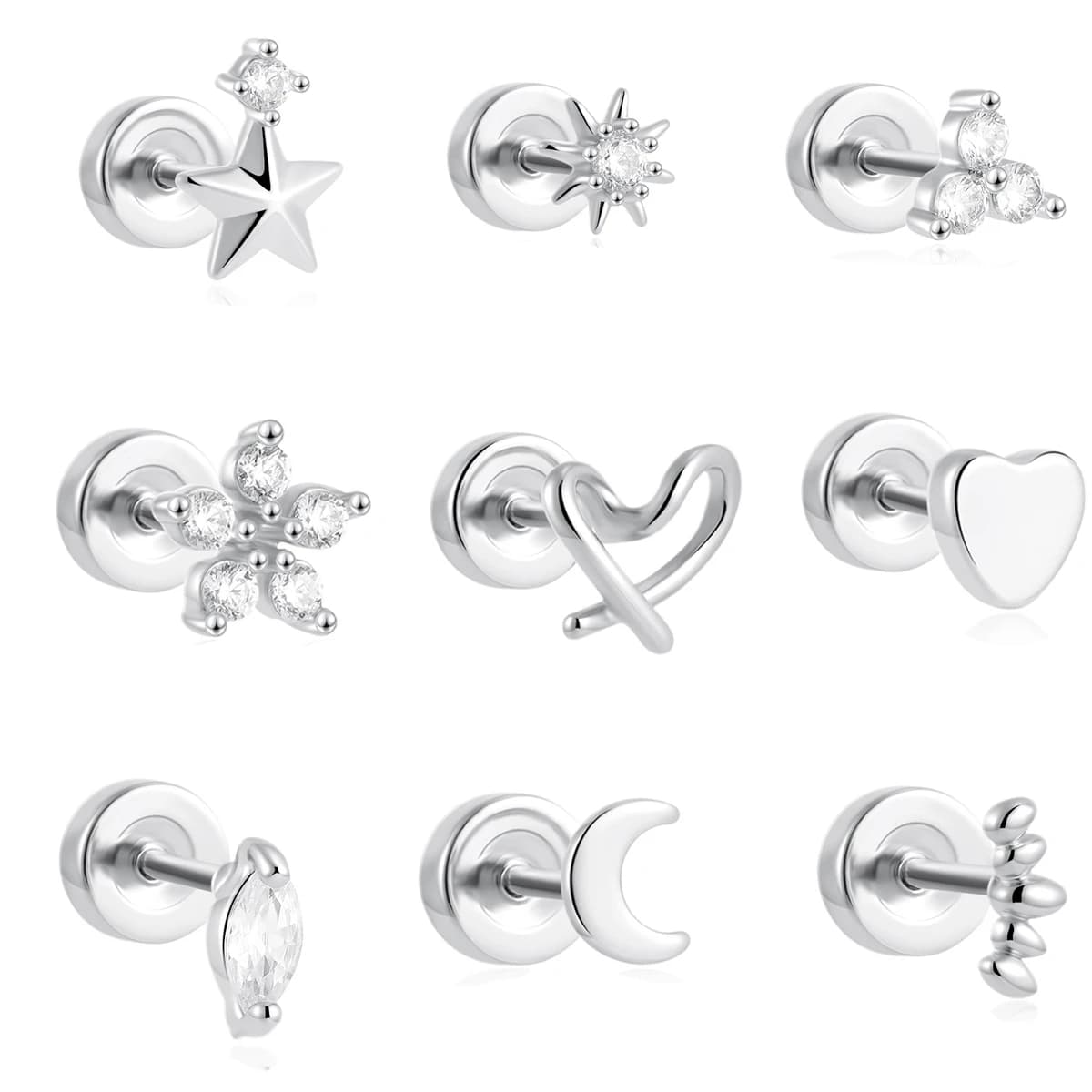 1PC In Acciaio Inox Delicato CZ Fiore Cuore Sole Stella Orecchini con perno per Le Donne Parte Posteriore Piana Piccolo Orecchino Trago Cartilagine Penetrante 20G