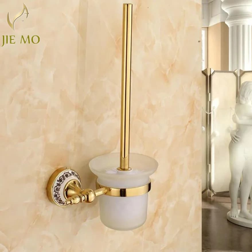 Accessori per il bagno in porcellana blu e bianca porta scopino in ottone dorato, costruzione di prodotti per il bagno