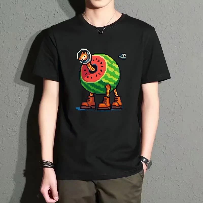 Men's Black Round-Neck Short-Sleeved T-Shirt with Pixel-Style Watermelon Astronaut Print, Loose Casual Top, Street Fashion Versatile Style, Comfortable and Breathable for Everyday Wear
