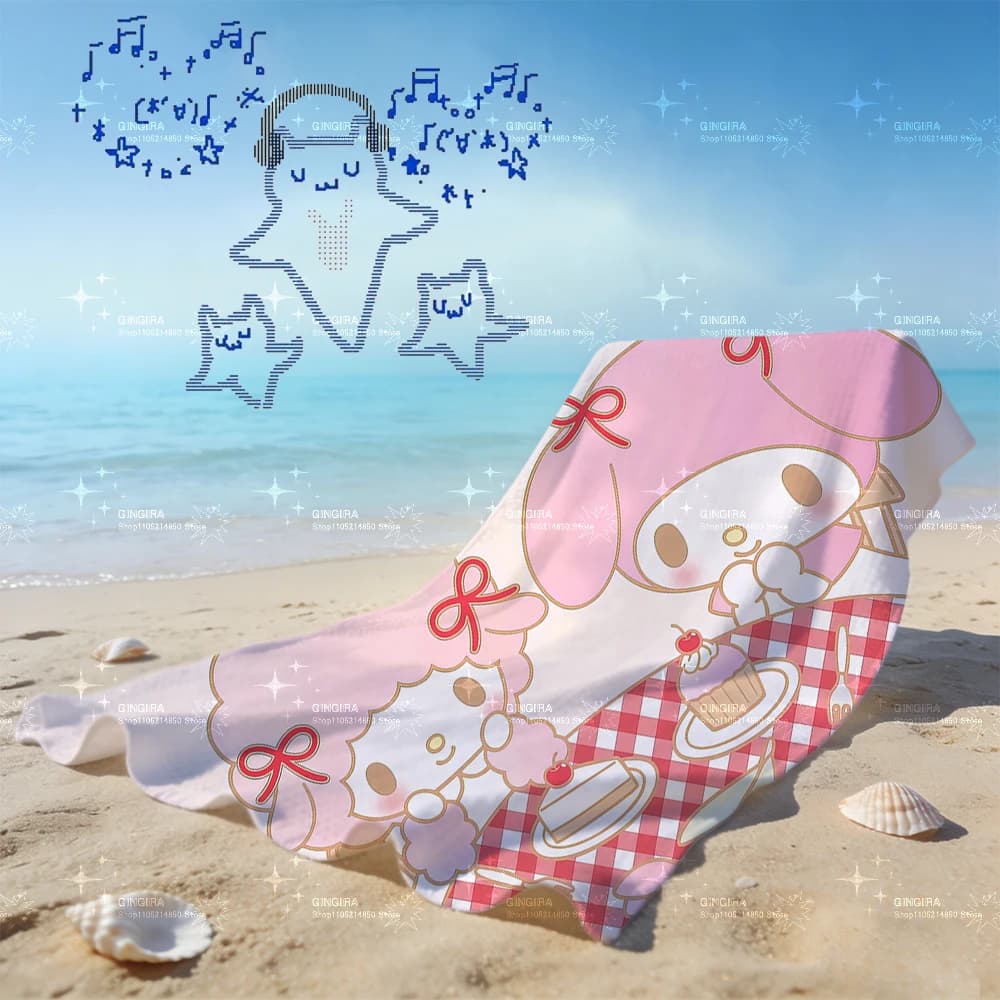 Asciugamano da spiaggia Pink Sakura My Melody, stampa Kawaii Cup e fiori di ciliegio, asciugamano da bagno assorbente ad asciugatura rapida per spiaggia e viaggi