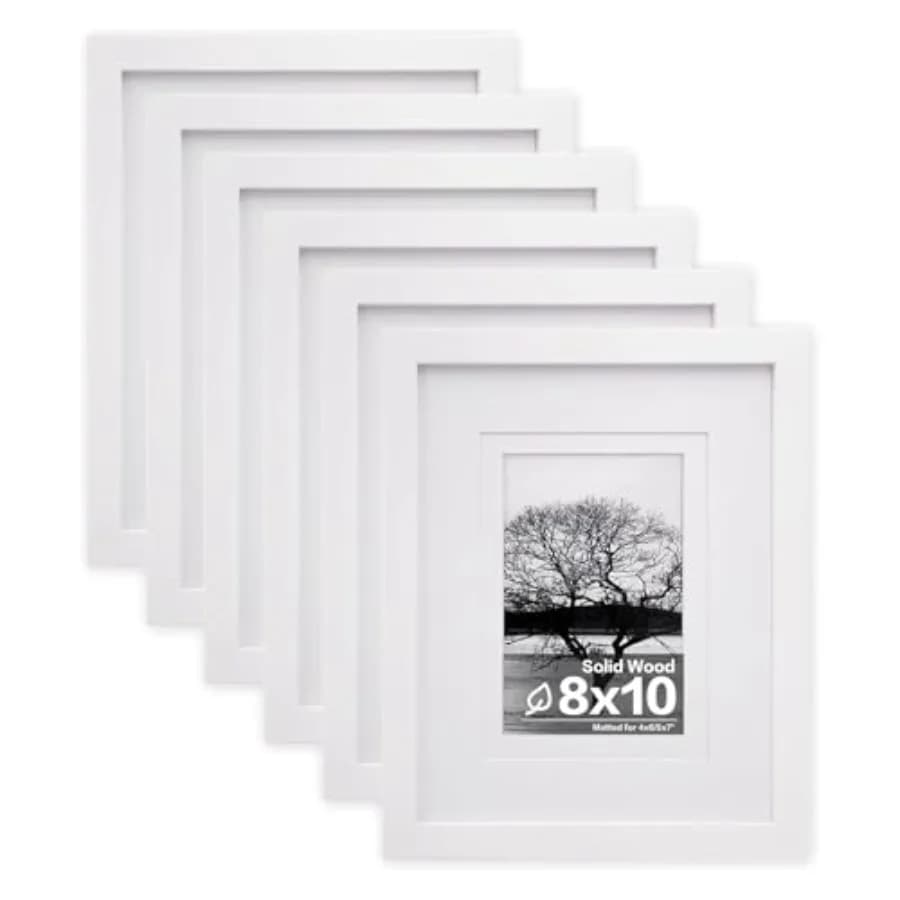 Set di 6 Cornici per Foto in Legno Massello con Copertura in Plexiglass e Passepartout o Senza Passepartout per Esposizione da Tavolo