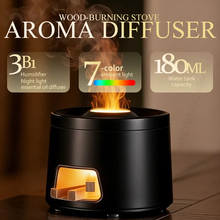 Umidificatore Aromatico Design Stufa a Legna, Diffusore di Oli Essenziali a Nebbia Fredda, Luce Notturna Colorata, Spegnimento Automatico, Silenzioso per Camera da Letto