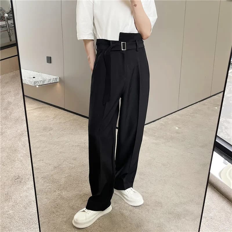 Men's Casual Trousers, Autumn Minimalist Design with Irregular Belt, Elegant Pants for Free Time, Hairdressers Pants