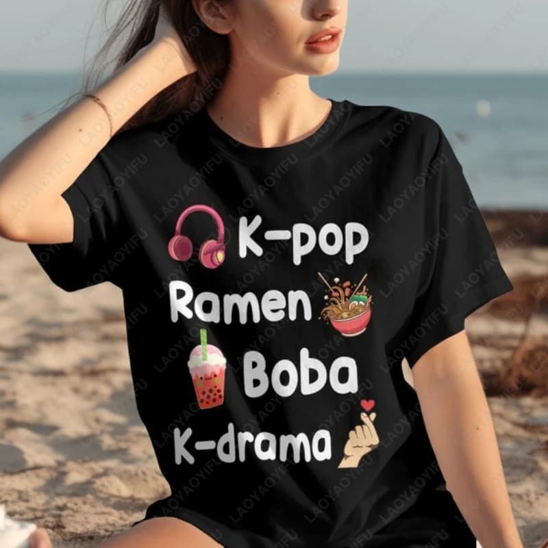 T-shirt K-pop Ramen Boba K-drama per gli amanti del K-pop, in cotone, con stampa cultura asiatica, estetica carina, unisex, per gli appassionati di K-drama