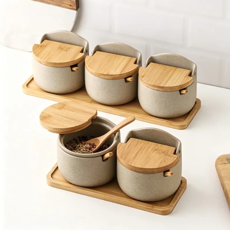 Ceramic Seasoning Jar Set Japanese Style Bamboo Wood Lid Spice Container Salt Sugar Storage Jar for Kitchen Home