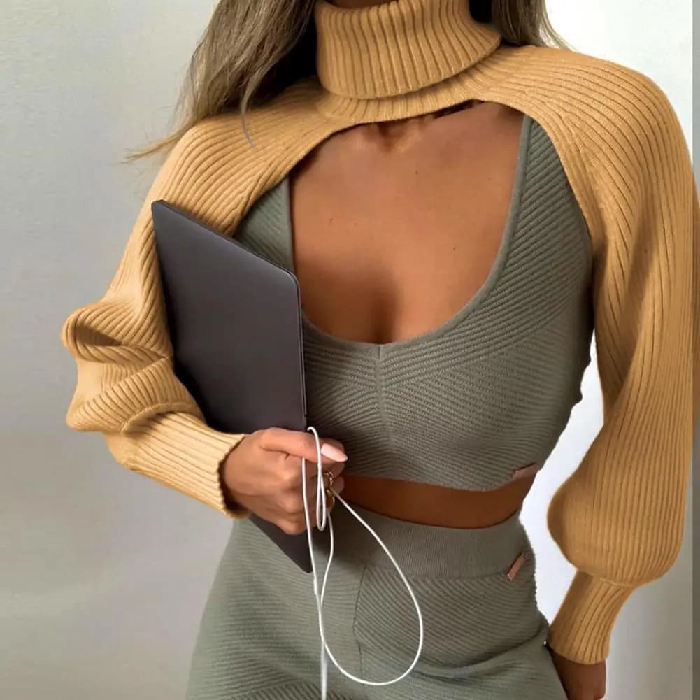 Knitwear Female Vest Ribbed Fashion Turtleneck Casual Patchwork Outfits Women's Knit Pullover Top