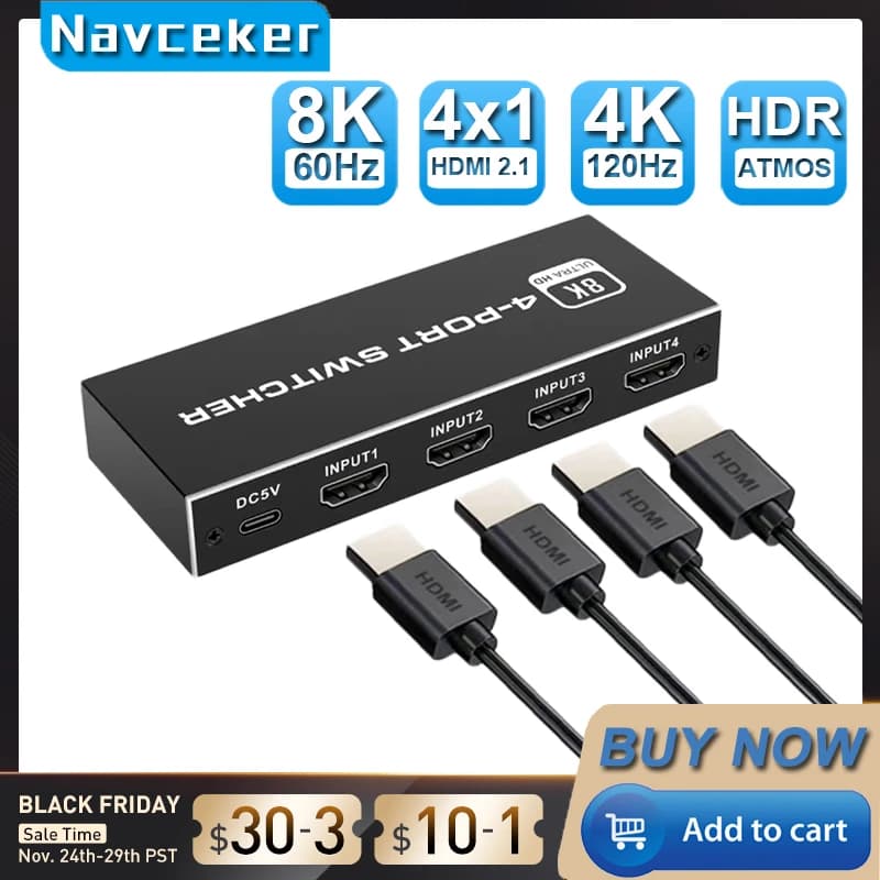 2023 HDMI Switcher 2.1-compatible 4 in 1 out 2 in 1 out 8K 60Hz 4K 120Hz Switch Splitter adapter IR Remote for PS5 PS4 projector