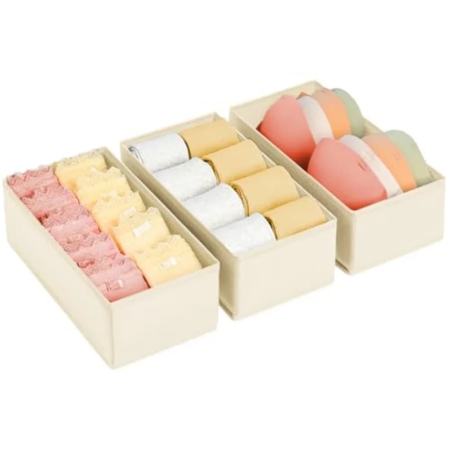 Drawer Organizer - Small Clothes Organizer Set of 3, Drawer Dividers for Baby Clothes, Underwear, Socks, Bra, Belt, Tie - Beige