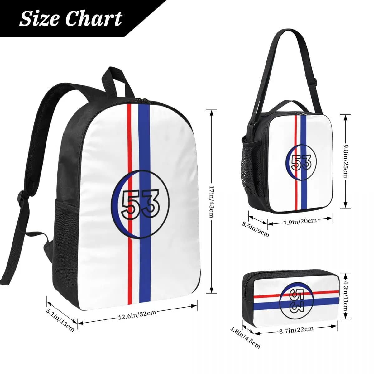 Herbie Numero 53 Zaino Studente Ragazzi Ragazze BookBag Borsa da scuola Borse a tracolla per laptop Borsa da pranzo isolata 3ps Astuccio