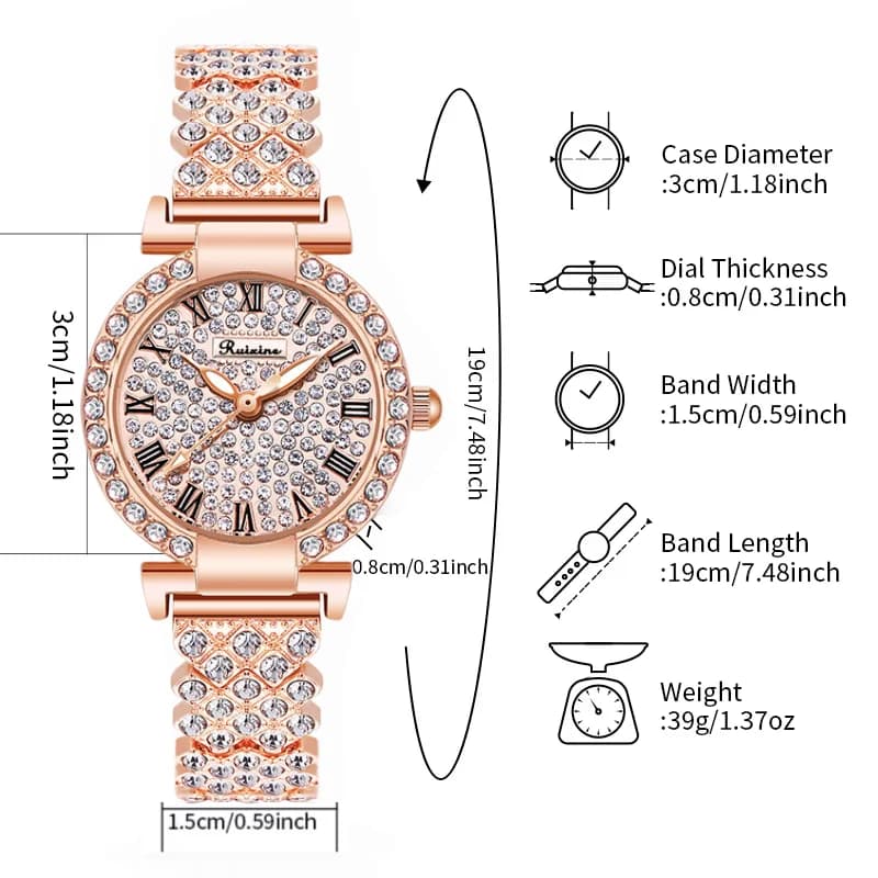 RUIXINE Luxury Gold Watch for Women, Elegant All Diamond Quartz Wristwatch Ladies Bracelet Watch Reloj Mujer