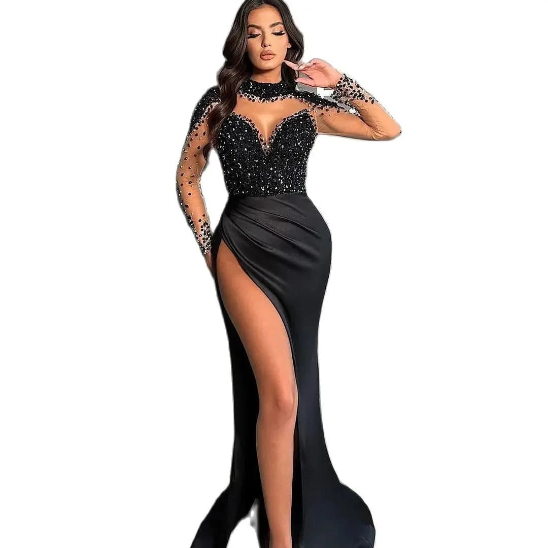 Lorencia Nero Manica Lunga Sirena Abiti da ballo Con Perle Cristalli Che Borda Abito da Sera Del Partito Abiti da Celebrity Dress YPD5