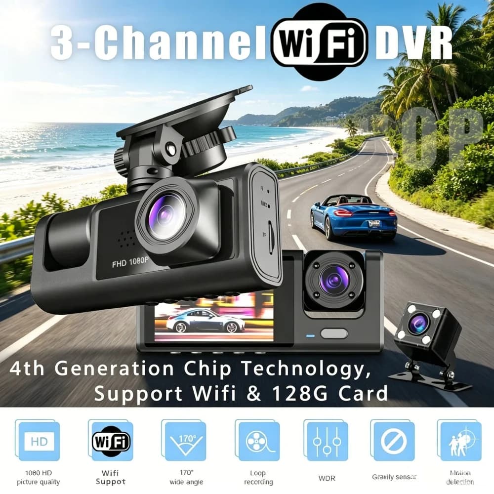 Dash Cam 1080P Full HD WiFi Front Cabin Rear 2/3-Channel Car Video Recorder 170° Wide Angle Gravity Sensor Loop Recording