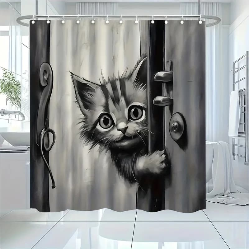 1pc Gray Probe Cat Pattern Shower Curtain, Durable Polyester - Multiple Sizes - with 12 Hooks - Machine Washable - Suitable for