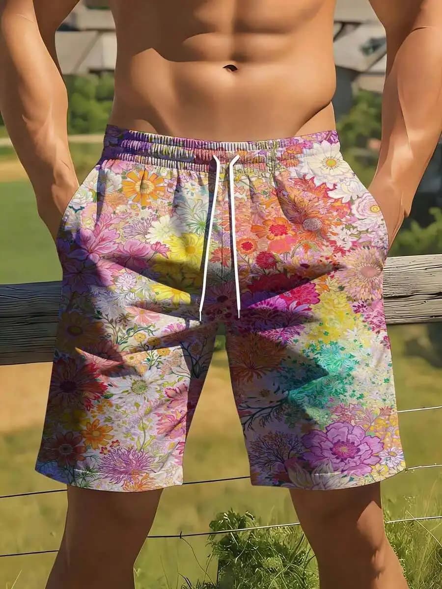 Mens Colorful Floral Print Swim Shorts Quick Dry Beach Board Shorts