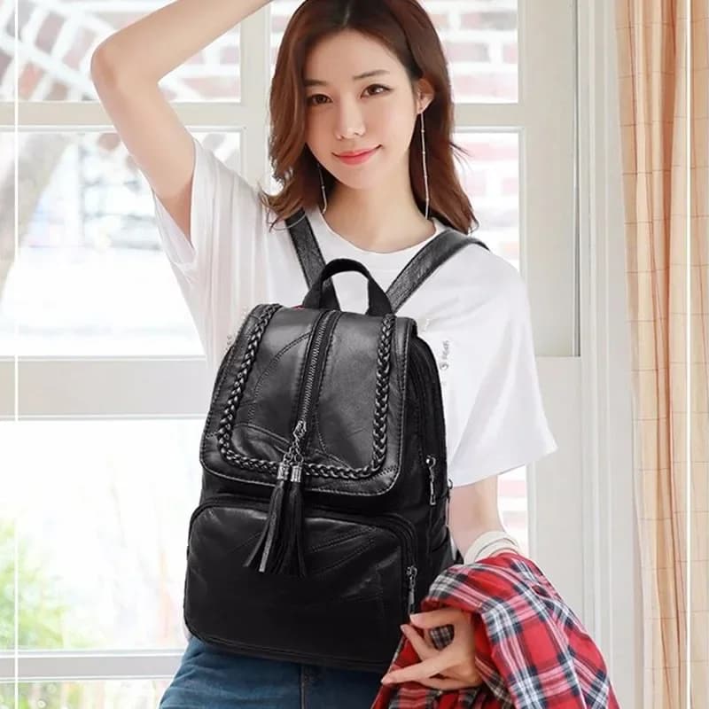 Zaino Classico Multifunzione in Pelle Nera per Donne, Borsa da Viaggio Impermeabile, Borsa a Tracolla per Scuola con Tracolla da Viaggio