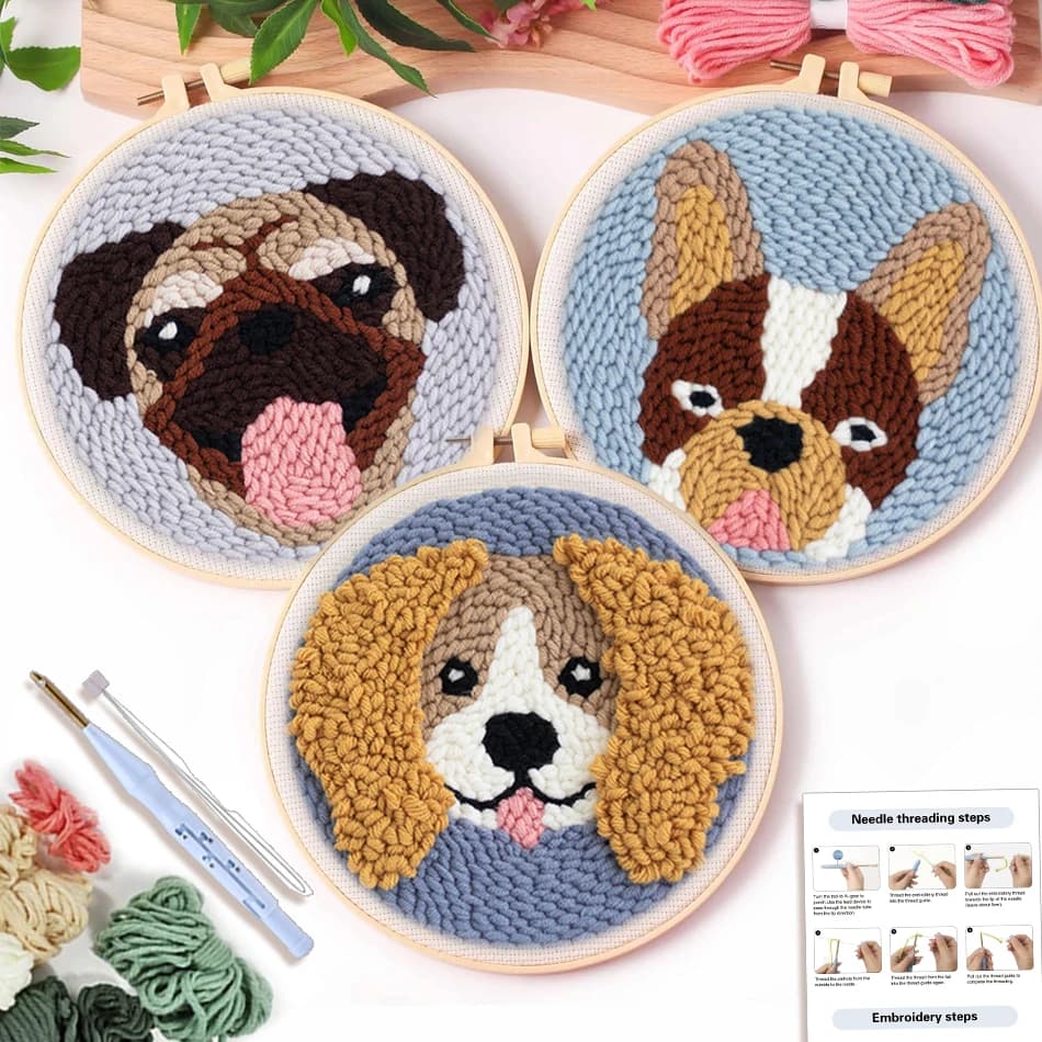 SDOYUNO Diy Punch Needle Embroidery Kits For Beginner Dog Punch Needle Tool Pet Crafts Painting Hoop Yarn Rug For Home Decor