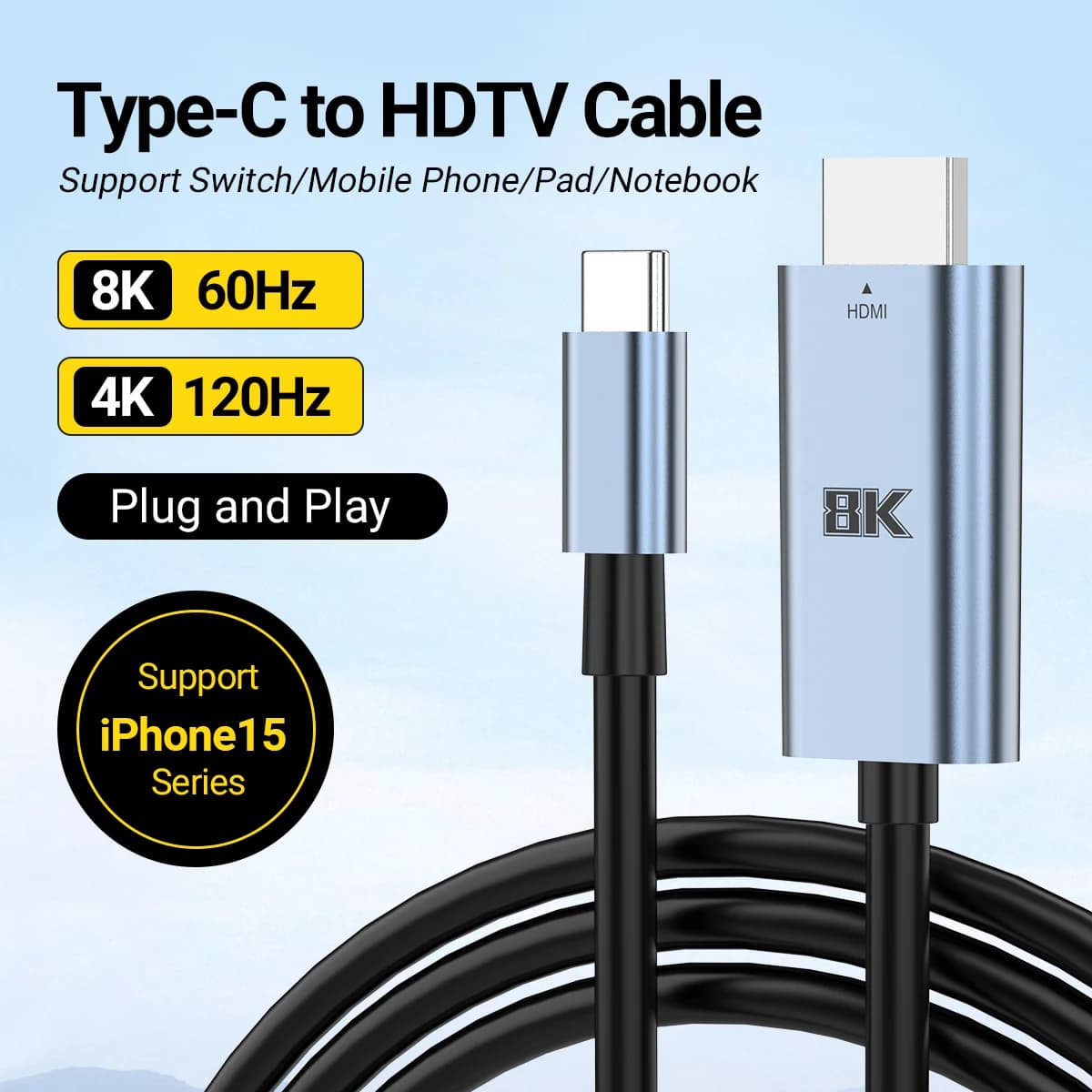 C-type cable to HDMI 8k@60Hz 4K@120Hz HDTV cable adapter compatible with USB C to HDMI for MacBook iPad iPhone TV converter