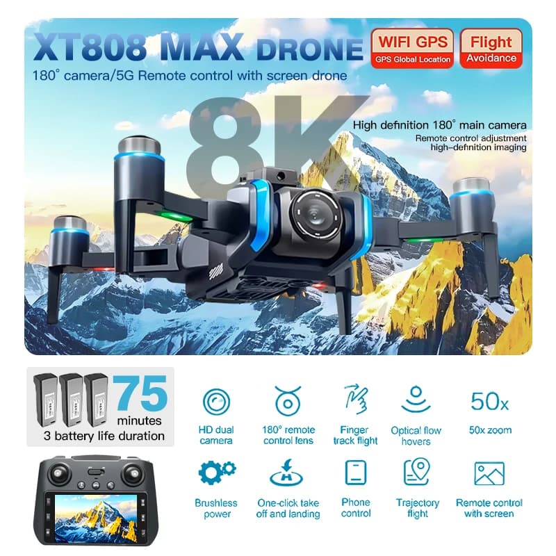 Drone GPS XT808 Originale con Fotocamera Professionale 8K HD, Motore Brushless, WIFI 5G FPV, Quadricottero RC Pieghevole, Elicottero Giocattolo