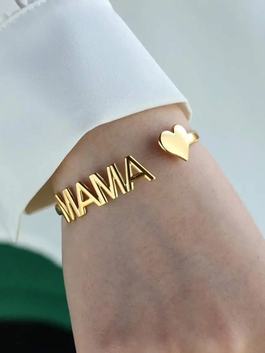 1pc MAMA Letter Heart-Shaped Open Bangle Bracelet For Women, 18K Gold/Platinum Stainless Steel Adjustable Open Cuff Bracelet, Mother's Day Jewelry Fashion Accessory Gift