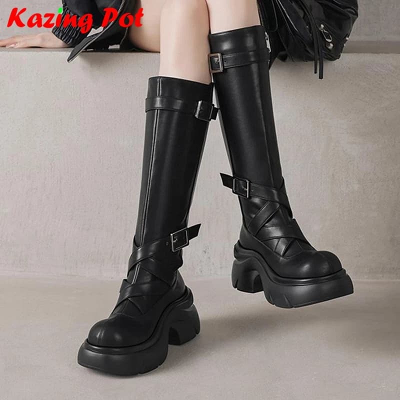Krazing Pot Cow Split Skin Round Toe Thick Bottom Platform High Street Fashion British School Metal Buckle Chic Thigh High Boots