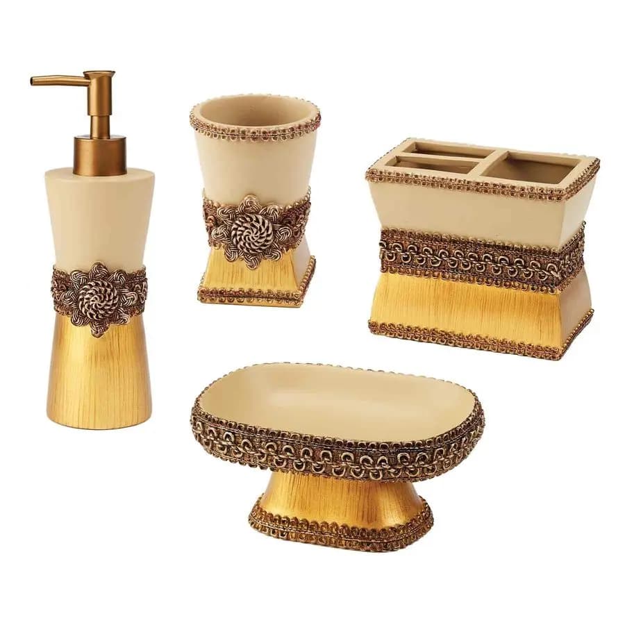 Set di accessori, bicchiere in resina, portaspazzolino, portasapone e dispenser per lozione, decorazioni da bagno resistenti, collezione Medaglione Intrecciato, Gol