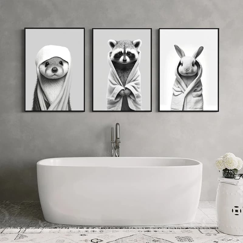 Panda Monkey Tiger Wearing Bathrobe Poster Print Canvas Painting Fun Animal Art Mural Bathroom Toilet Home Decoration Picture