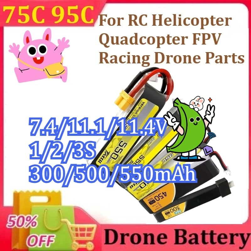 75C 95C 7.4/11.1/11.4V 1/2/3S Lipo Batteria con spina XT30 Per RC Elicottero Quadcopter FPV Racing Drone Parti 300/500/550mAh