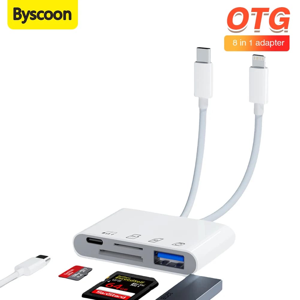 Adattatore lettore di schede 4 in 1 Lightning Type C a TF SD USB Type C Dual Line per iPhone, iPad, MacBook, Samsung, fotocamere e altri dispositivi