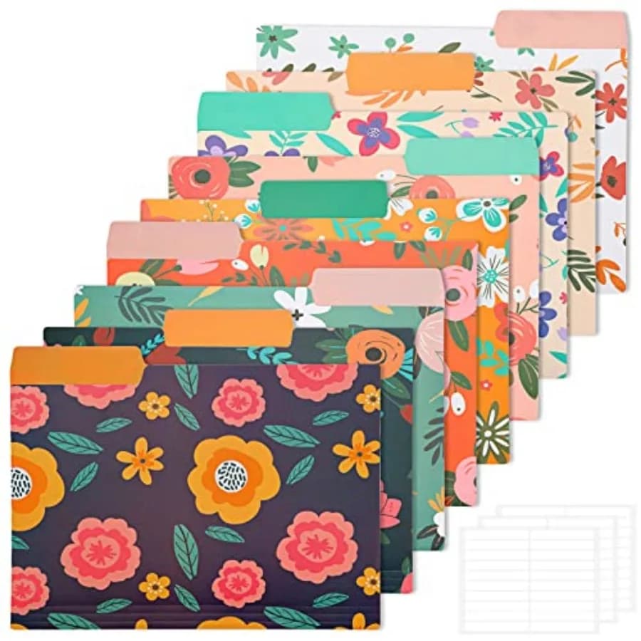 9pcs Decorative File Folders Letter Size, 1/3-Cut Tabs Plastic File Folders for Documents with Colorful Floral Patterns and Era