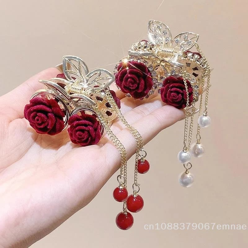 [ZYAS] Elegant vintage hair clip with floral pink and tassel, fashionable horsetail clamp for girls and women, delicate hair accessories