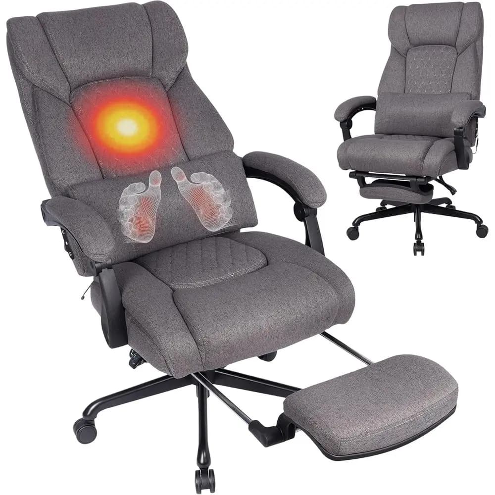 Poltrona massaggiante 3D in tessuto grigio con funzione riscaldante, capacità di 227 kg, sedia da scrivania reclinabile per persone di statura alta e robuste, sedia da gaming elettrica riscaldata