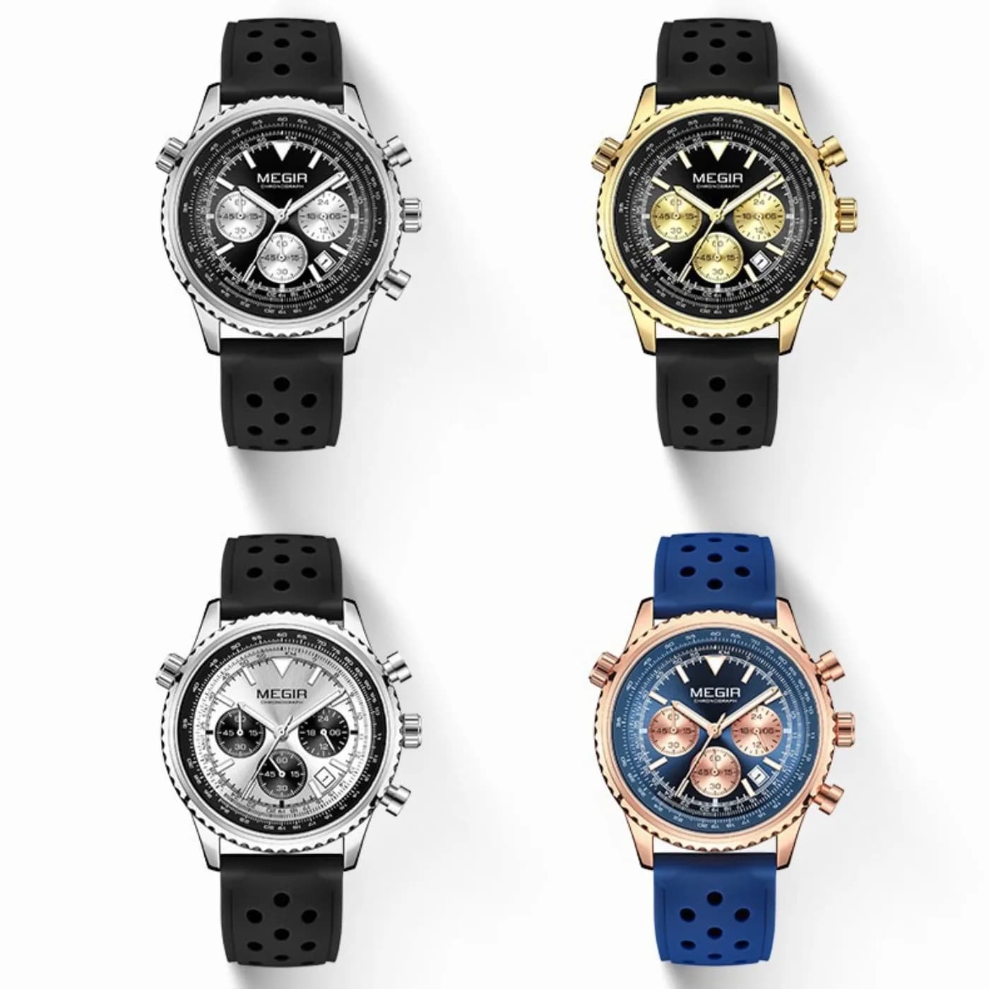 MEGIR Silver Black Quartz Watch Men Military Sport Chronograph Wristwatch with Silicone Strap Luminous Hands Auto Date 2236