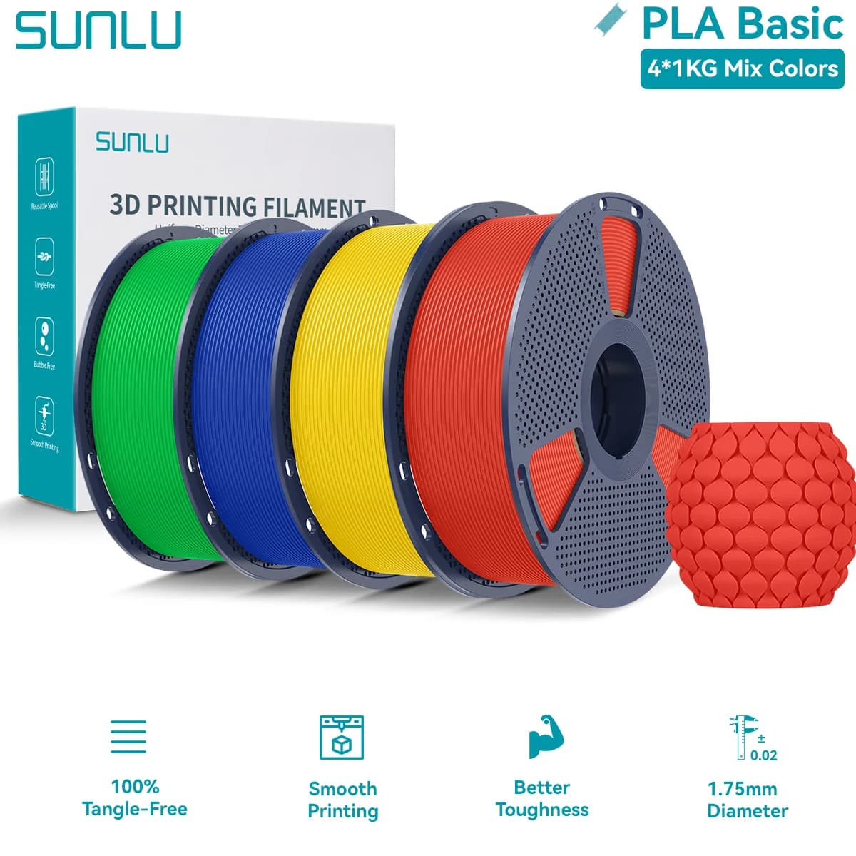 SUNLU Set di filamenti 3D di base PLA da 4 kg 1,75 mm Senza grovigli Facile stampa Filamento in plastica da 1 kg/bobina compatibile con la maggior parte delle stampanti 3D FDM