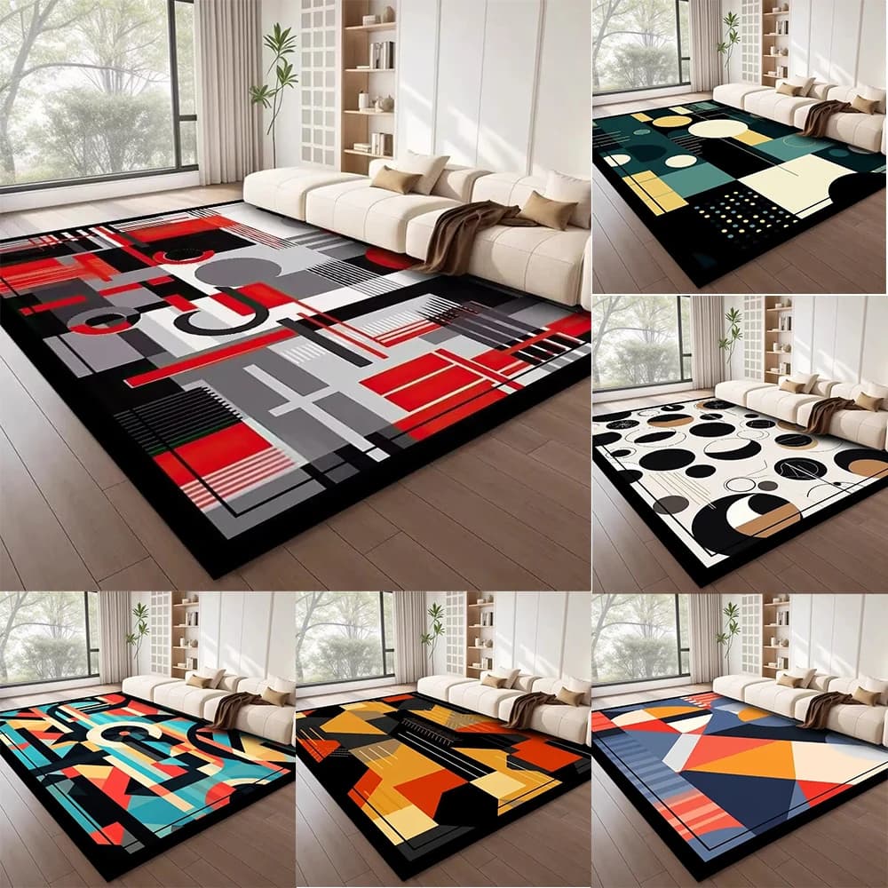 Tappeto moderno con motivo geometrico astratto con forme artistiche colorate e linee, design morbido, per soggiorno