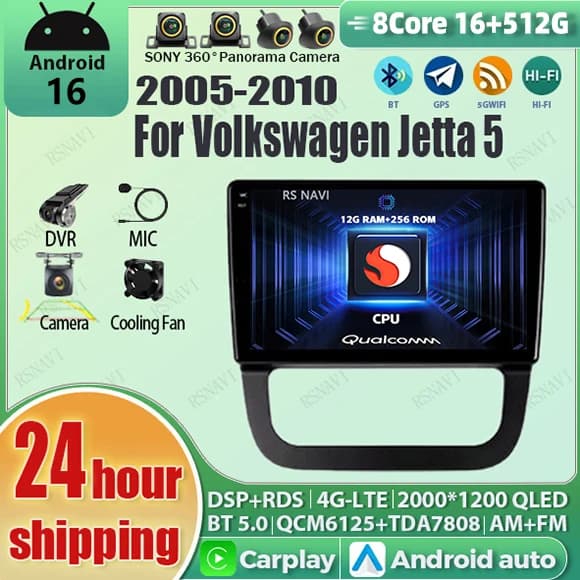 Android14 Carplay Auto Qualcomm 2K QLED Schermo Lettore di Autoradio Per Volkswagen VW Jetta 5 2005-2010 GPS Wifi 4G Video Multimediale