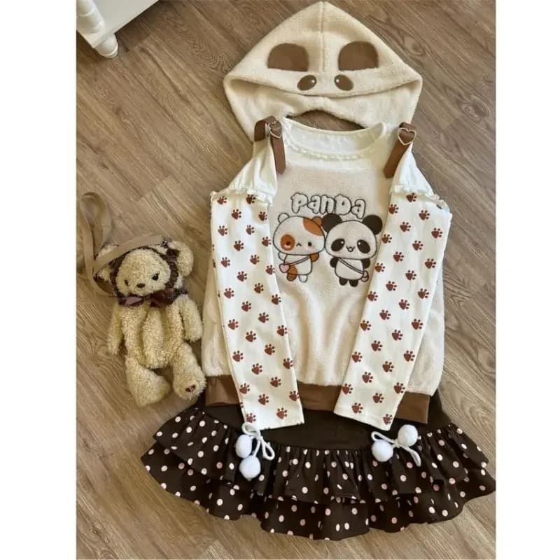 Giapponese Dolce Lolita 3 Pezzi Set Donne Kawaii Peluche Con Cappuccio Cartoon Panda Maglia Polka Dot Stampa Minigonna Stile Coreano Y2k Vestito