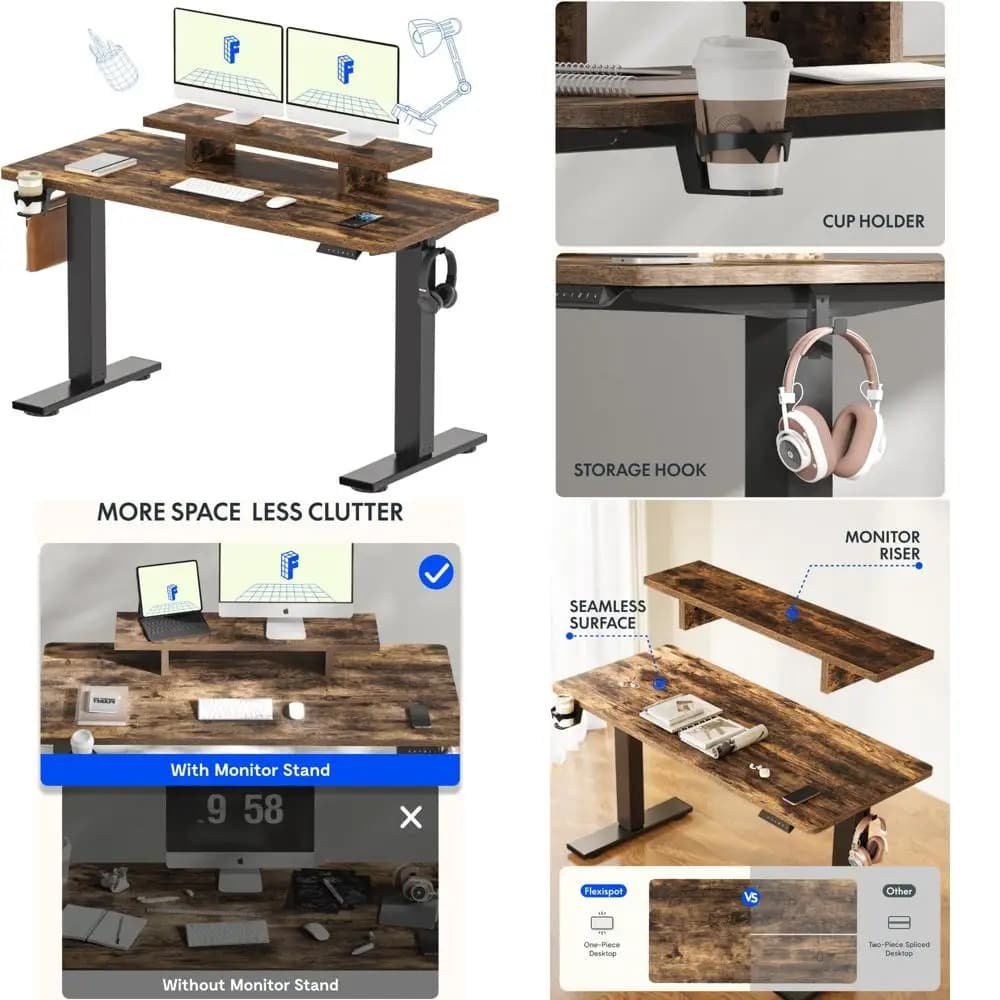 Height-adjustable electric desk 55 x 24 with monitor support and carrier for ergonomic use on computer