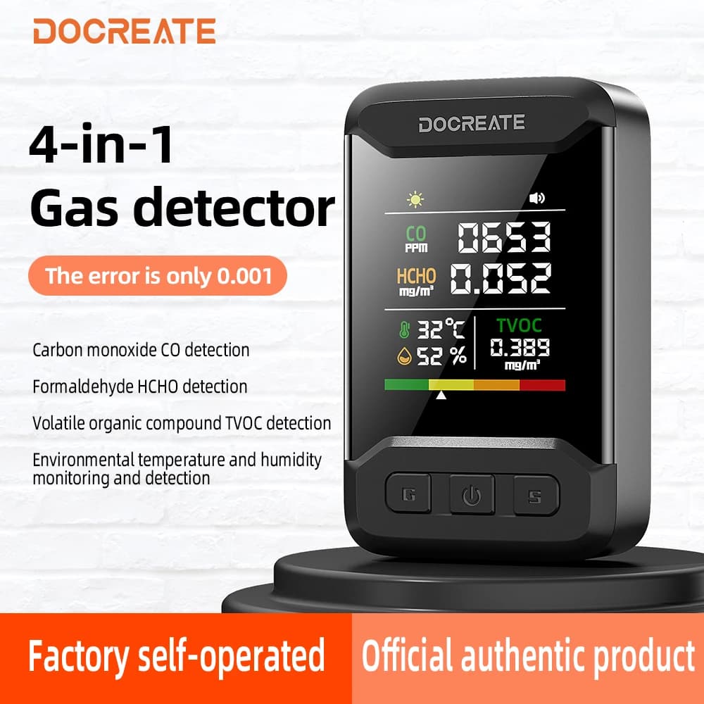 Docreate 849A 4-In-1 Carbon Monoxide CO Detector VOCs HCHO Sensor Temperature Humidity Monitor With Alarm US Plug