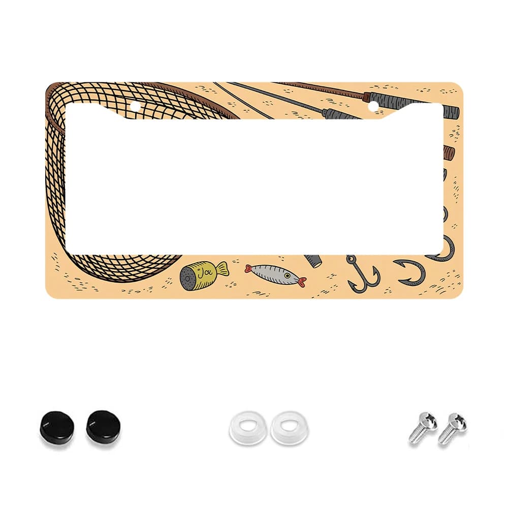 Telaio targa a 2 fori con tema pesca marrone da 1 pezzo, motivo a rete per pesci dei cartoni animati, materiale in alluminio, 6x12 pollici, include vite Ki