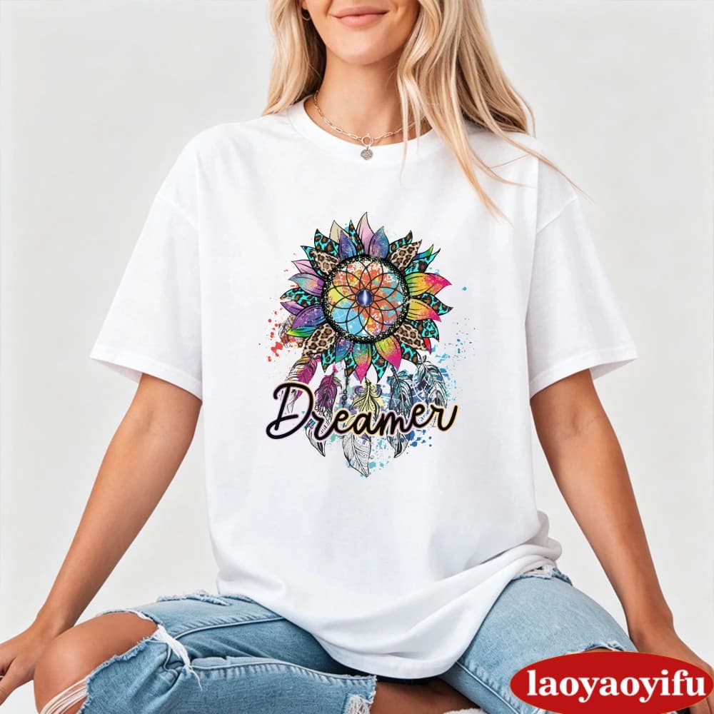 Dreamcatcher Mandala Flower Women T-Shirt Bohemian Style Clothes Cotton Short Sleeve Casual Fashion Summer Top for Gift