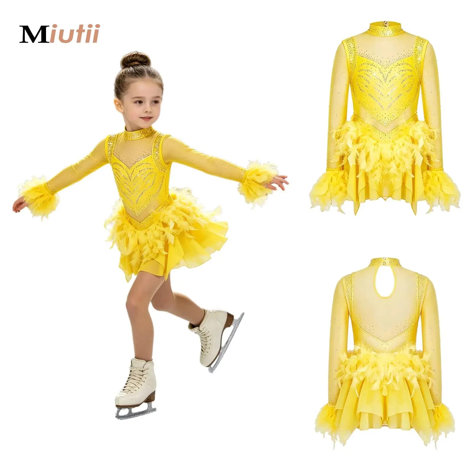 Girls Shiny Rhinestone Feather Figure Skating Latin Jazz Ballet Dance Leotard Dress Bodysuit Performance Competition Dancewear