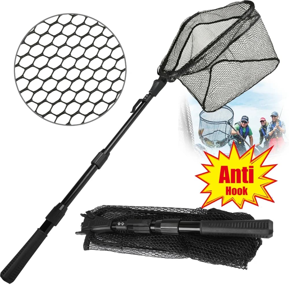 Rete da Pesca Pieghevole con Manico Telescopico Antiscivolo per Acqua Salata e Dolce, Estensibile fino a 80/115CM