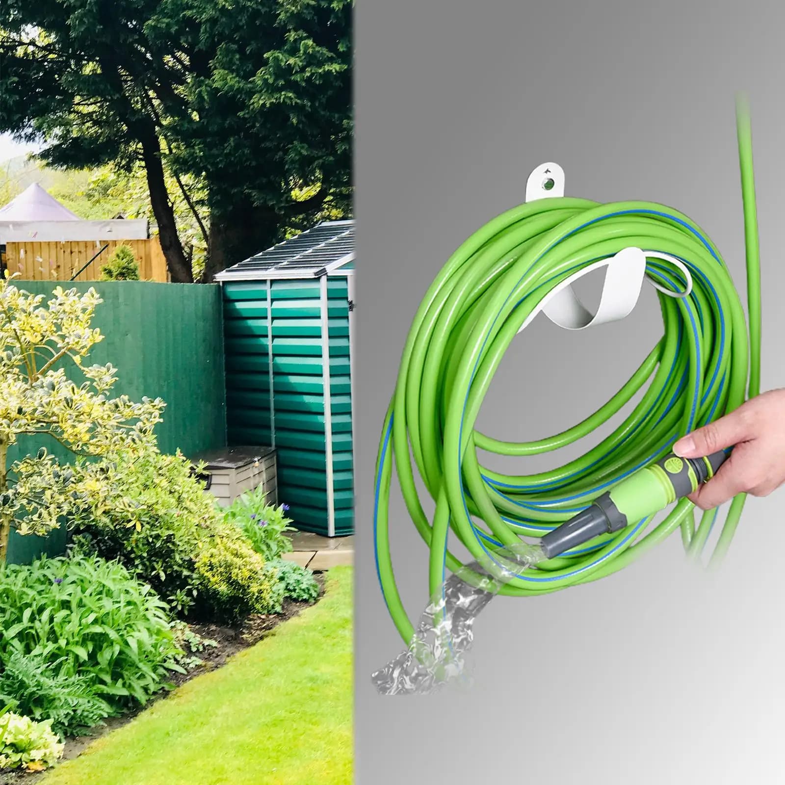 Wall mount for carbon steel garden hose, multipurpose hose holder for garage and garden tools