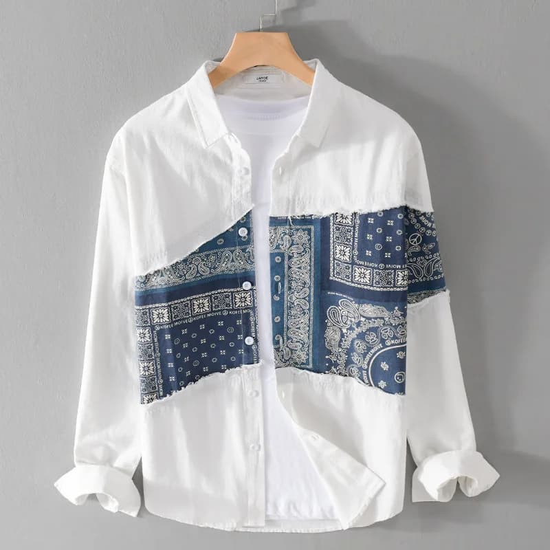 Ethnic Style Splicing Men's Shirt Long Sleeve Spring and Autumn Fashion Casual Top Youth Shirt Jacket Men