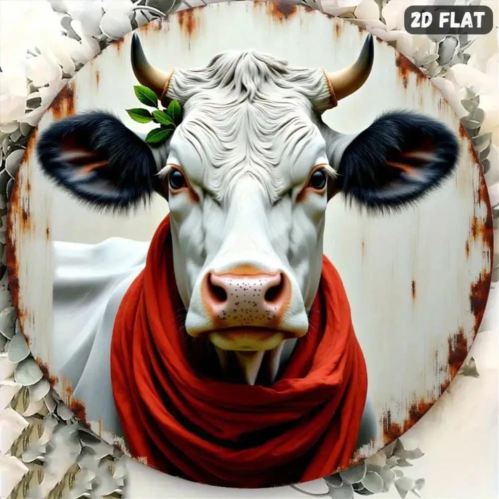 Targa in metallo pieghevole 2D con stampa mucca e sciarpa rossa, decorazione da parete in stile rustico da 8 pollici per Capodanno, casa e cucina