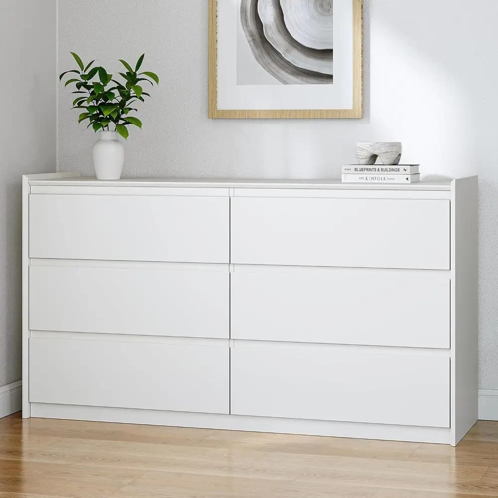 54 Wide 6 Drawer Double Dresser with Anti-Tip Kit, Matte Wood Chest for Bedroom Storage, Living Room & Hallway, Handle-Free