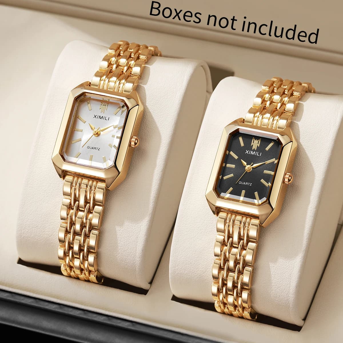 Set of 2 elegant quartz rectangular women's watches, luxury wrist watches with stainless steel strap, Reloj Mujer (without box)
