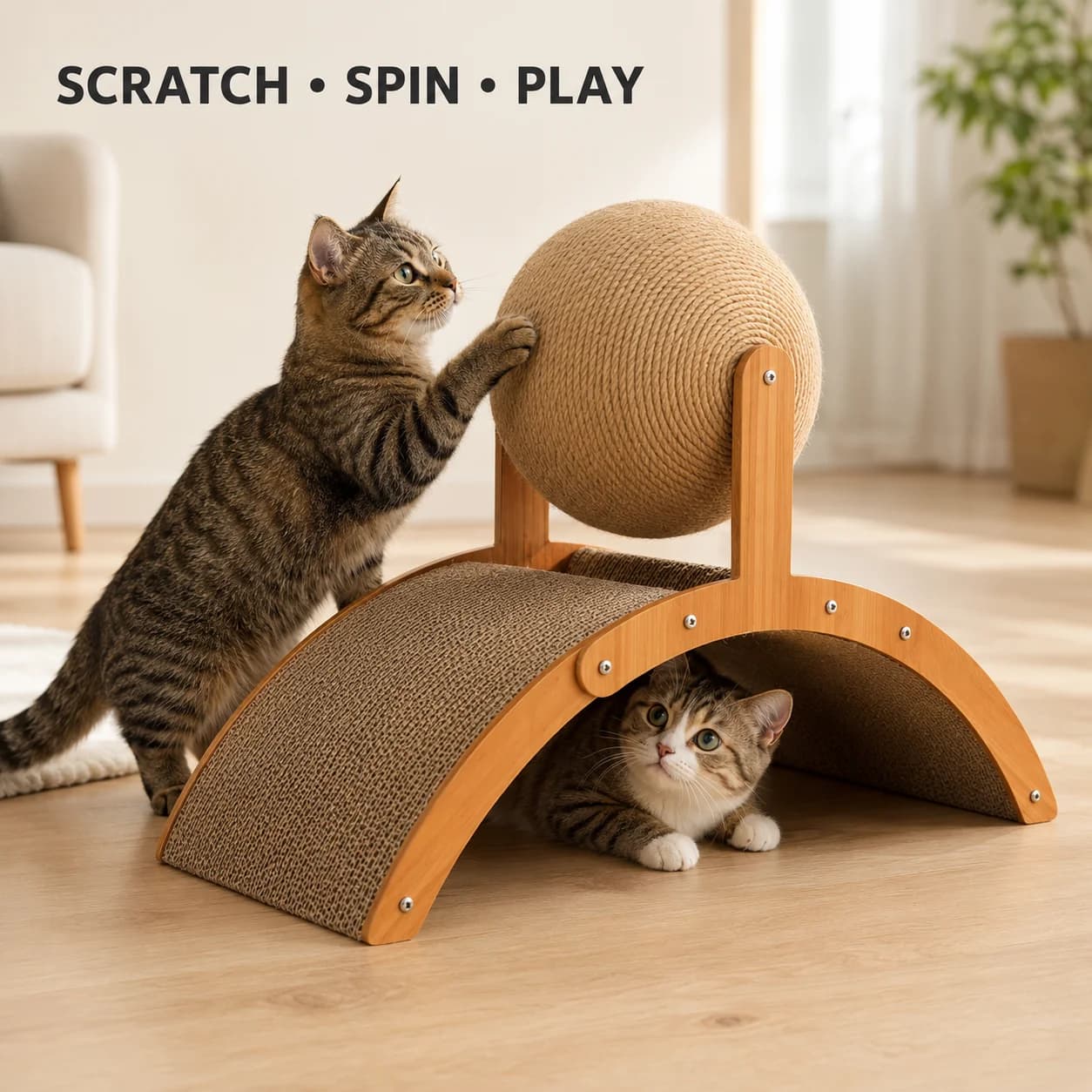 Arch Bridge Cat Scratcher With Rotating Sisal Ball And Corrugated Cardboard Ramp, Stable Indoor Claw Grinding Activity Toy