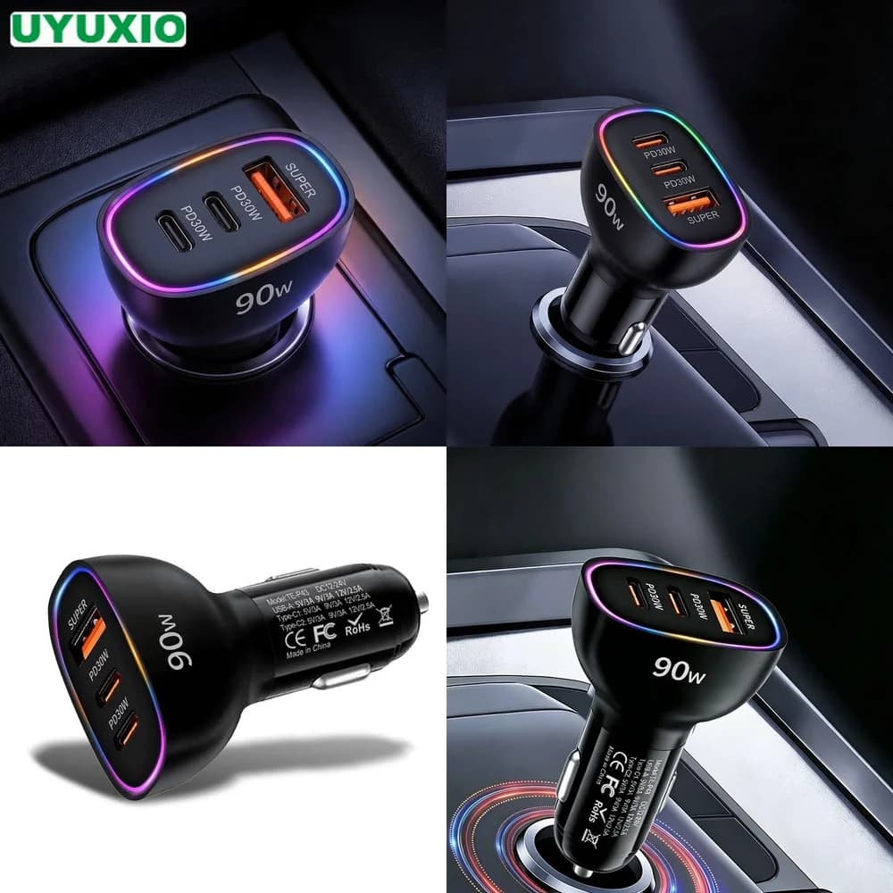 90W Car Charger Multi Port Dual PD 30W Type C USB A 30W Super Fast Charging Adapter for Laptop MacBook PPS QC3.0 SCP RGB Light